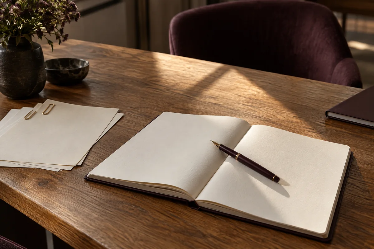 Un carnet ouvert, un stylo et des feuilles laissés sur la table après une réunion.