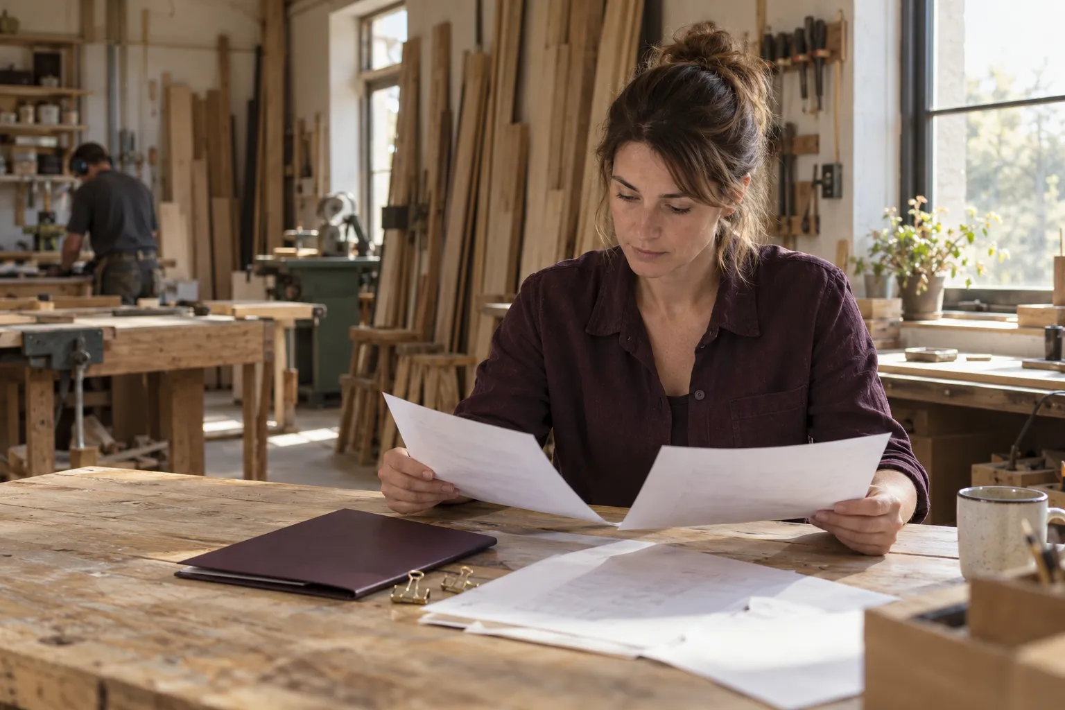 Une responsable de petite entreprise compare deux documents à une table, devant un atelier de menuiserie.