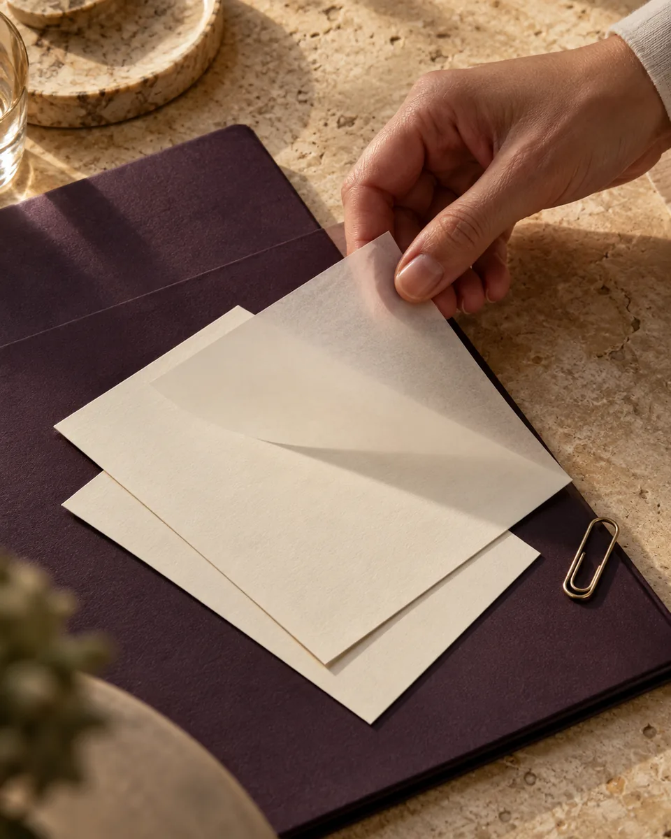 Une main soulève une feuille de calque pour comparer deux fiches sur un dossier violet.