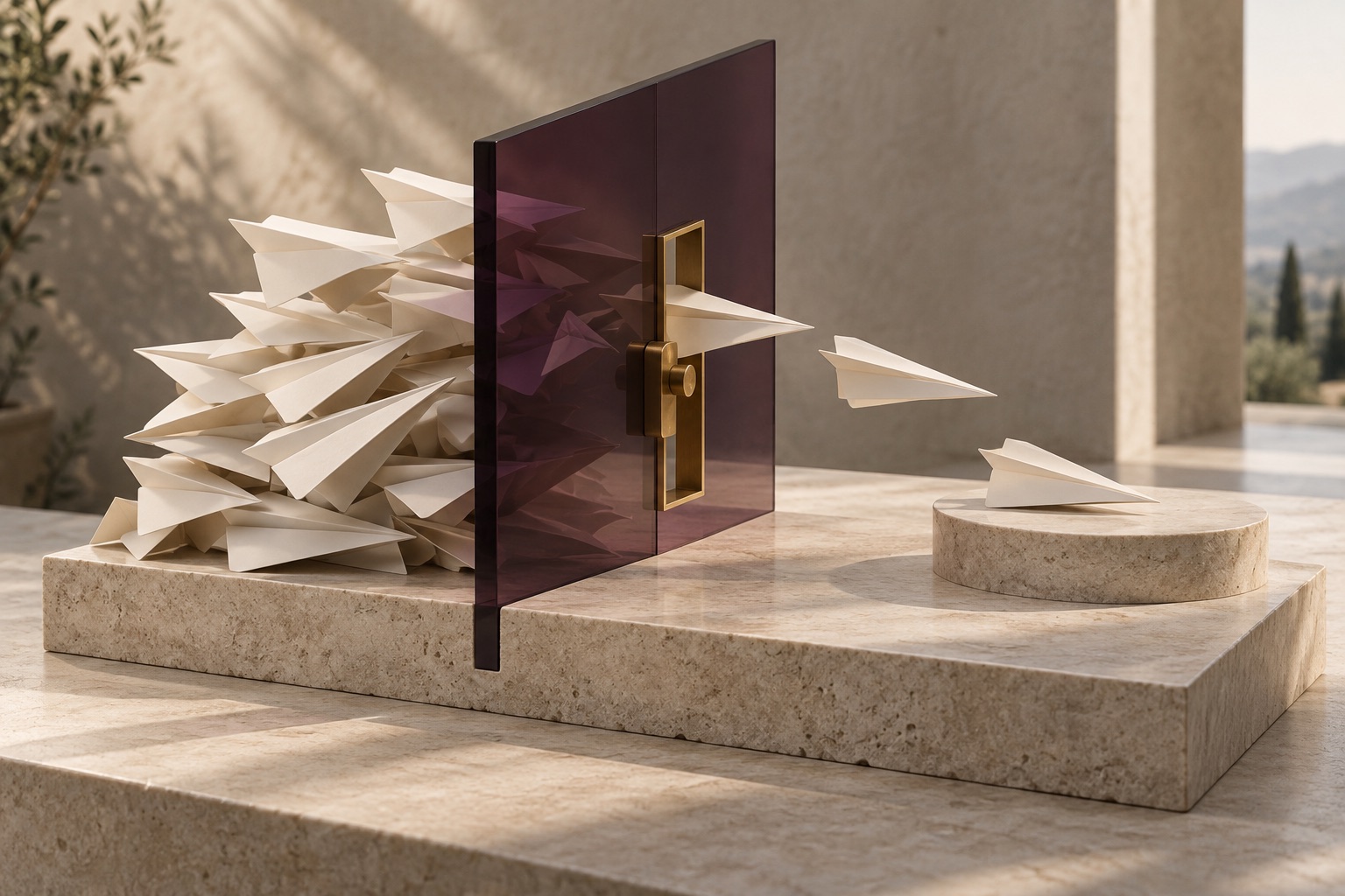 Installation conceptuelle : des formes de papier passent par une ouverture contrôlée dans une cloison violette, tandis que d’autres restent côté interne.