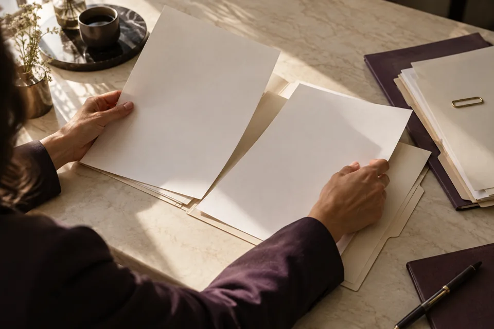 Une personne compare des pièces papier sur une table de travail, au-dessus d’un dossier violet.