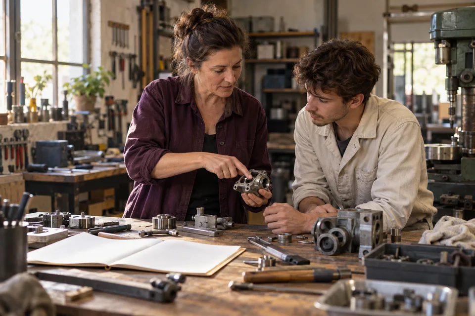 Une professionnelle explique un composant à son collègue, autour d’un établi.