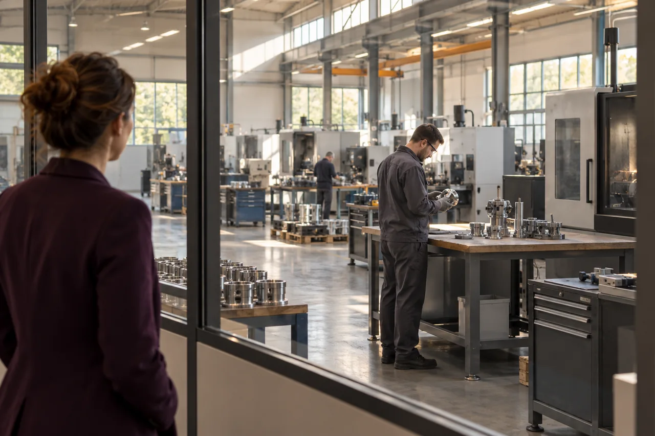 Une observatrice examine l’activité d’un atelier de composants métalliques à travers une vitre.