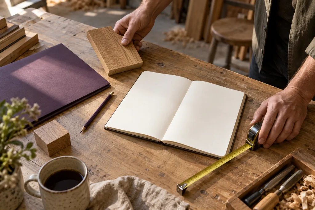 Dans un atelier, des mains présentent un échantillon de bois près d’un carnet encore vierge.