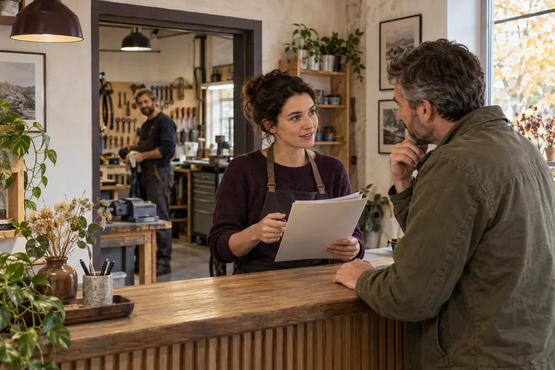 Une coordinatrice échange avec un visiteur, tandis qu’un technicien attend dans l’atelier.